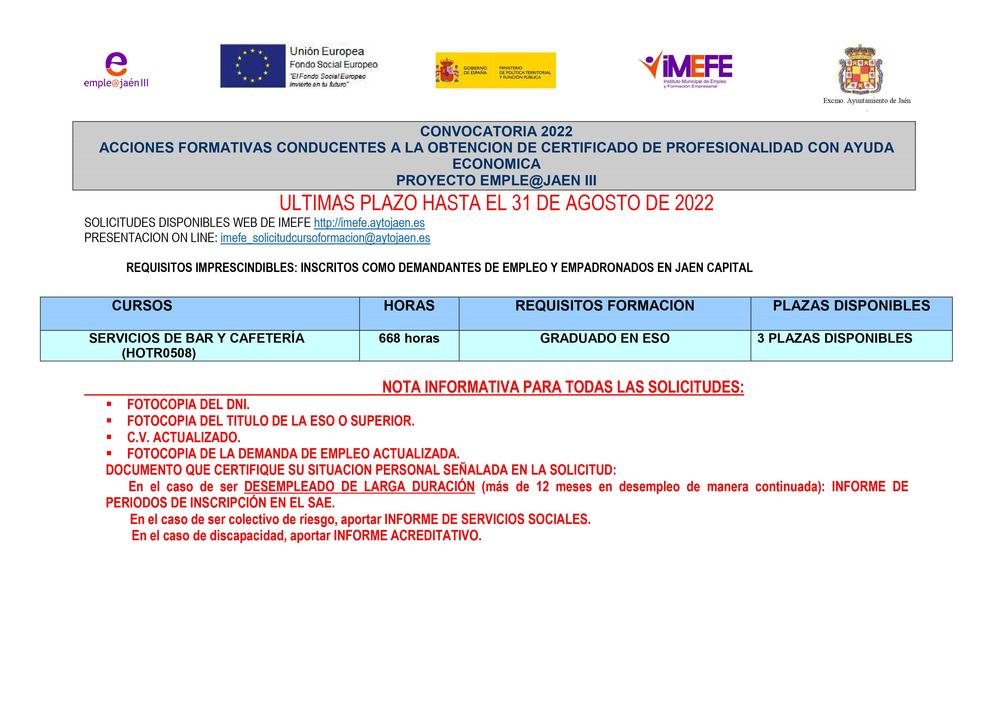 PLAZO AMPLIADO PARA EL CURSO _SERVICIOS DE BAR Y CAFETERA_