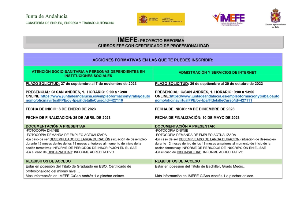 Convocatoria cursos INTERNET Y SOCIOSANITARIA 